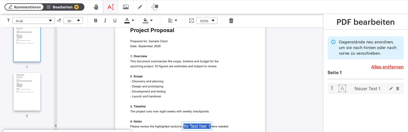Der iLovePDF-PDF-Editor mit aktivem Zeichen-Werkzeug, um auf der PDF zu schreiben und zu annotieren