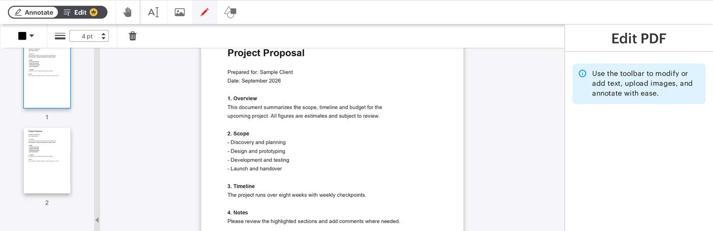 The iLovePDF PDF editor with the draw tool active to write and annotate on the PDF