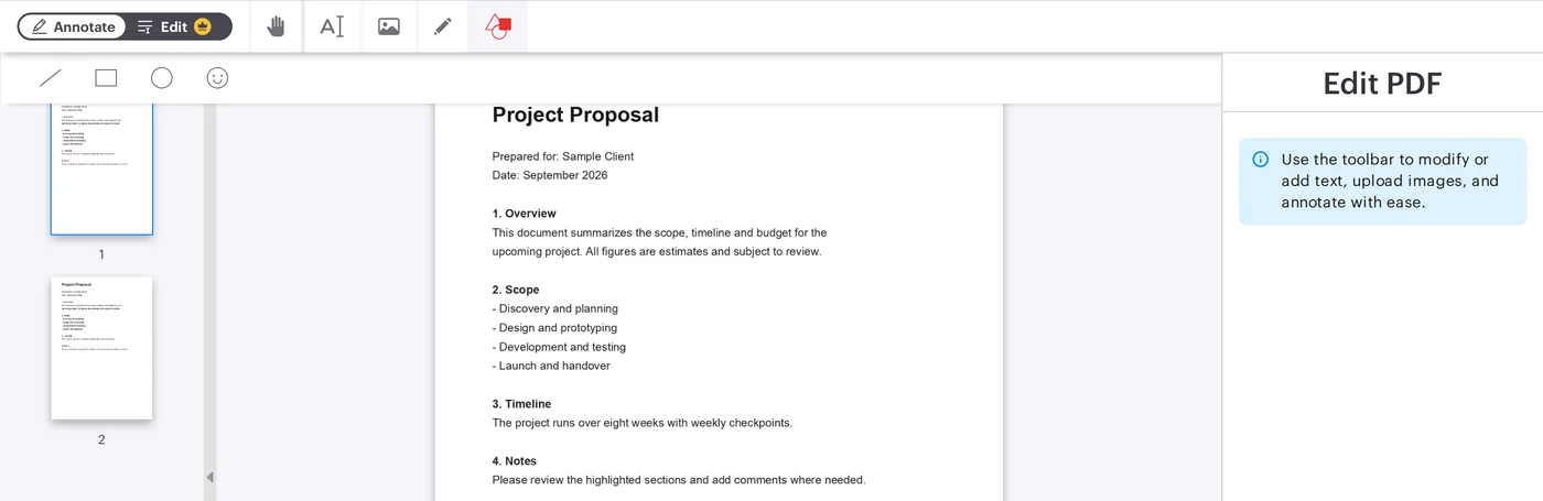 The iLovePDF PDF editor with the shapes tool active for adding shapes while editing the PDF