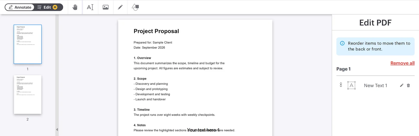 The iLovePDF PDF editor with the text tool active, adding a text box to a document