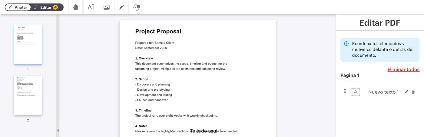 El editor de PDF de iLovePDF con la herramienta de texto activa, añadiendo un cuadro de texto a un documento