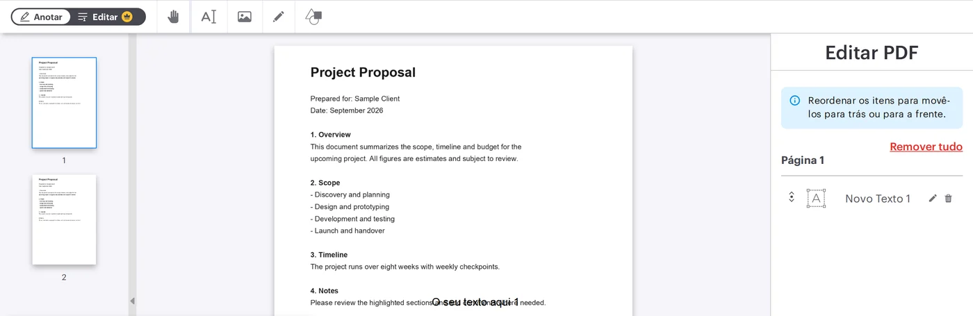 O editor de PDF do iLovePDF com a ferramenta de texto ativa, adicionando uma caixa de texto a um documento