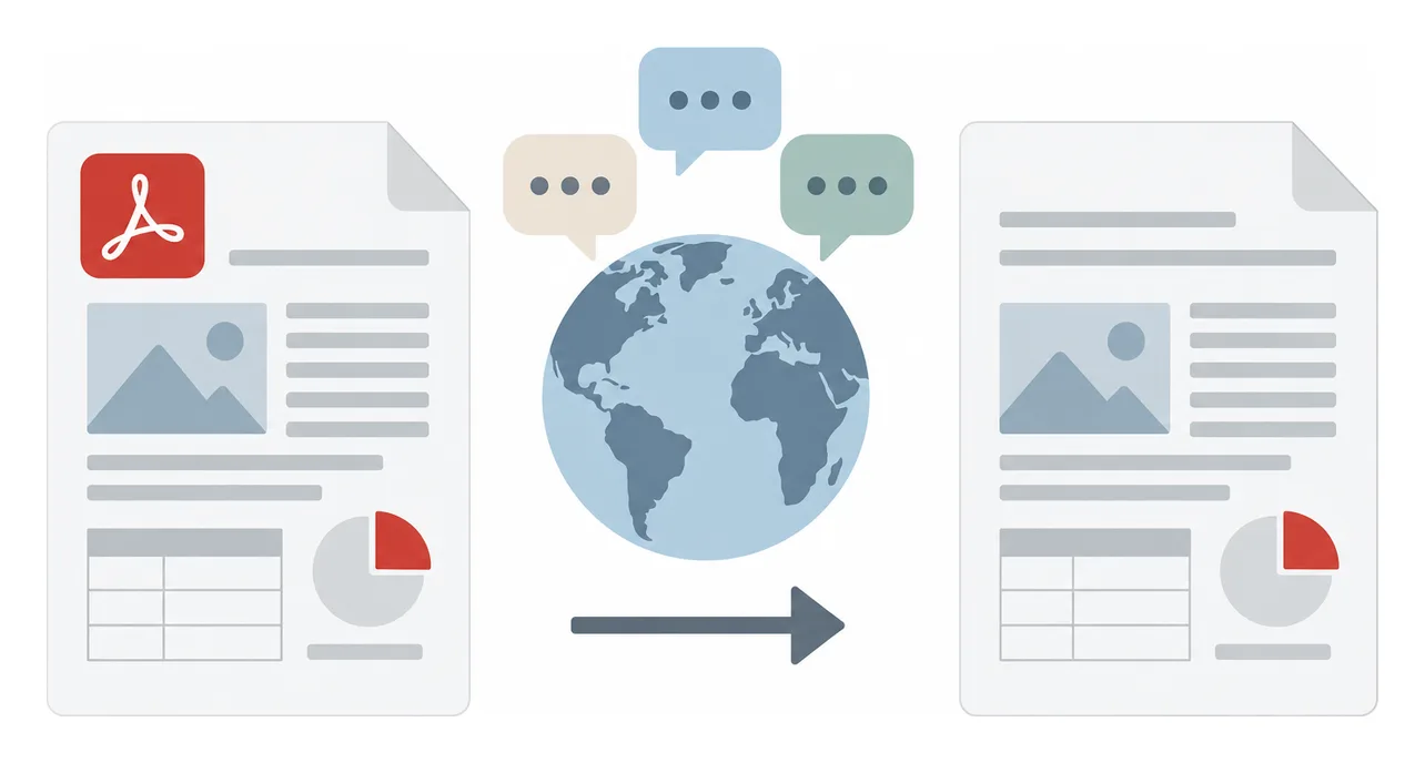 Illustration of translating a PDF: a document with a globe and multilingual speech bubbles