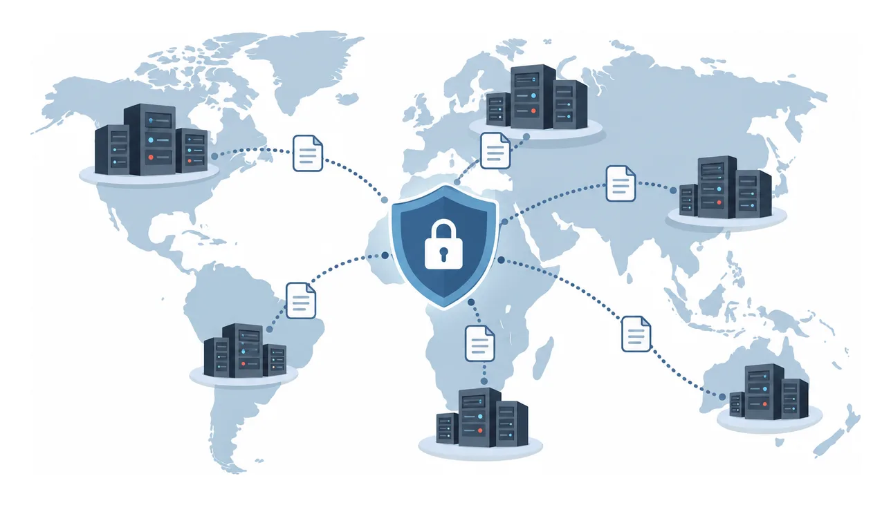 Ilustração do processamento regional de dados: um mapa-múndi com servidores e um escudo de privacidade