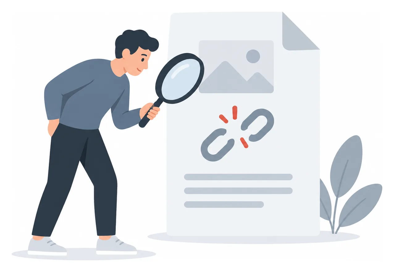 Ilustración de una persona con una lupa inspeccionando un documento con un icono de enlace roto