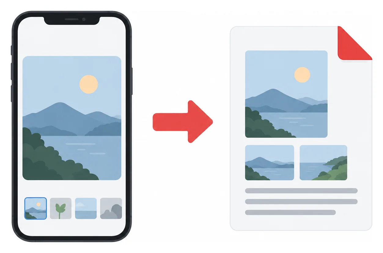 Ilustração da conversão de fotos HEIC do iPhone em um PDF compartilhável