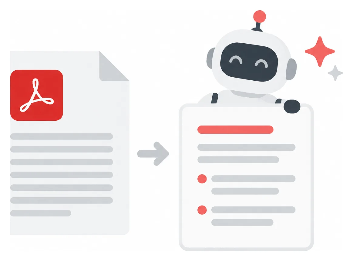 Ilustração de uma IA resumindo um PDF em pontos-chave condensados