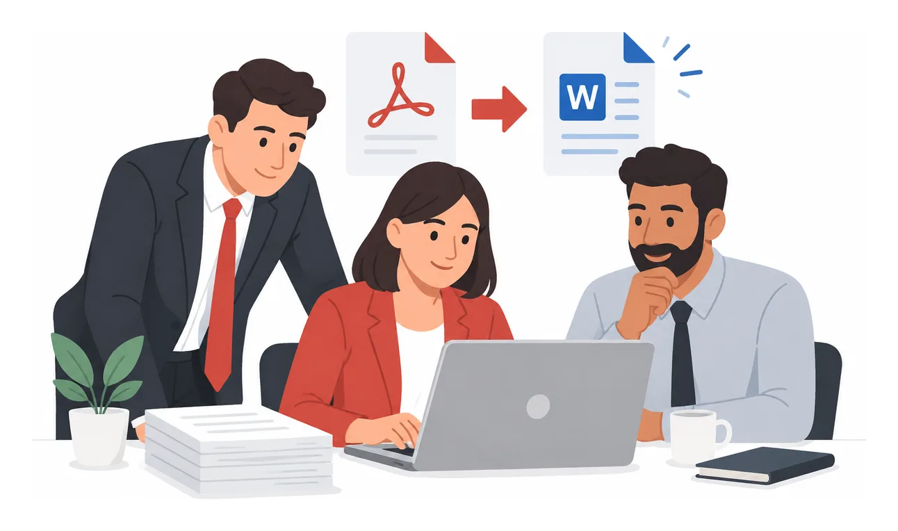 Ilustração de uma equipe empresarial convertendo contratos PDF em documentos Word editáveis