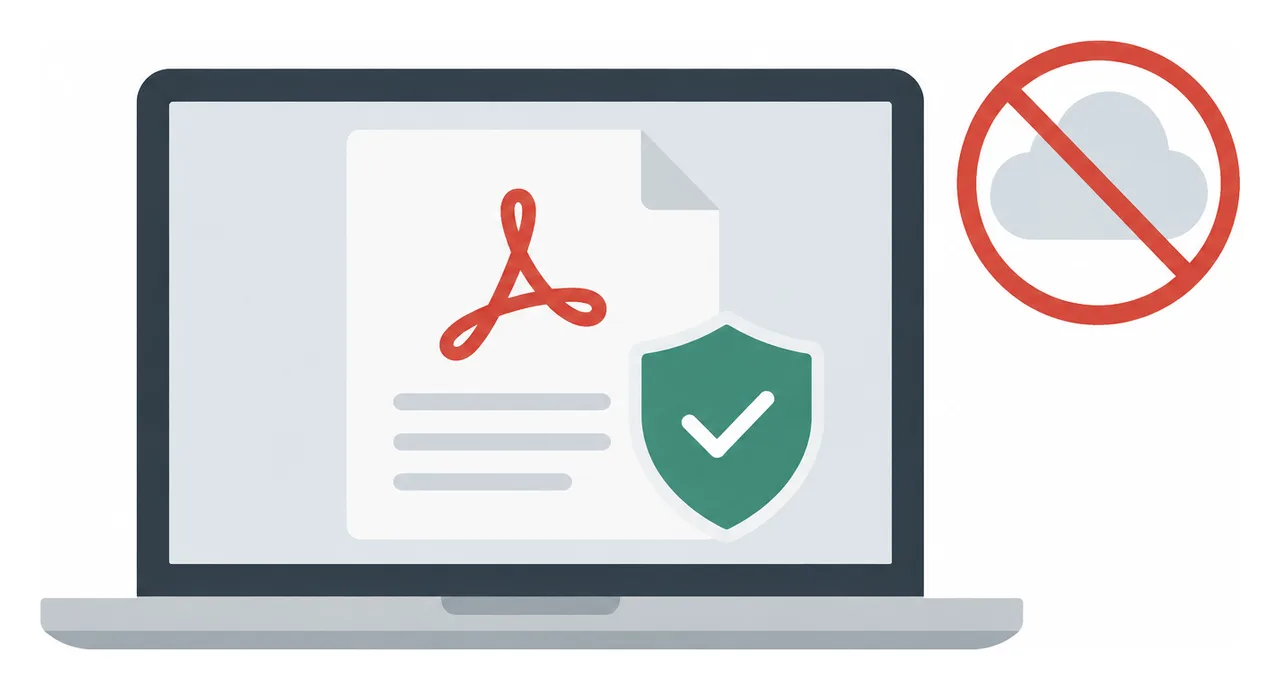 Ilustração de trabalho com PDF offline e seguro em um laptop com um escudo e uma nuvem riscada