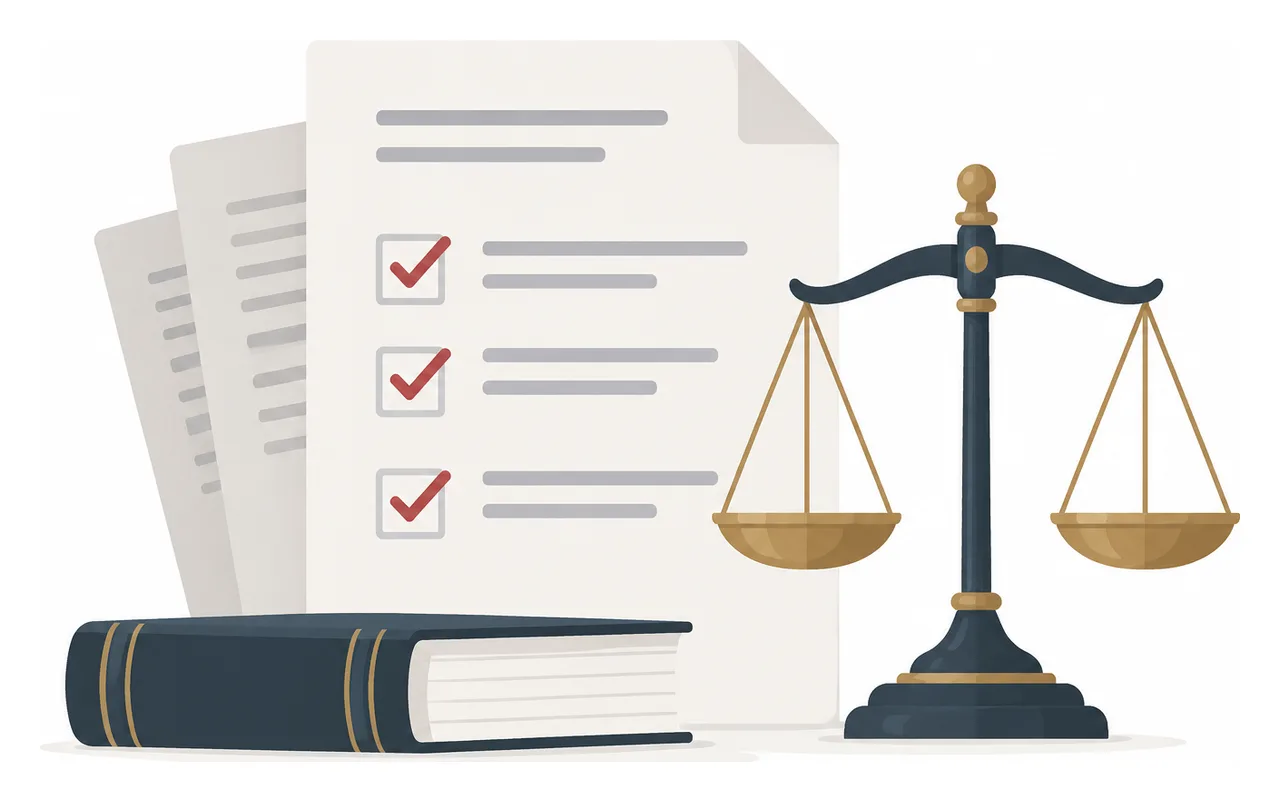 Ilustração de documentos jurídicos com uma lista de verificação e uma balança representando conformidade