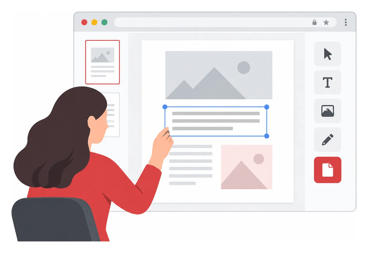 Ilustração da edição de um PDF online no navegador sem software de desktop