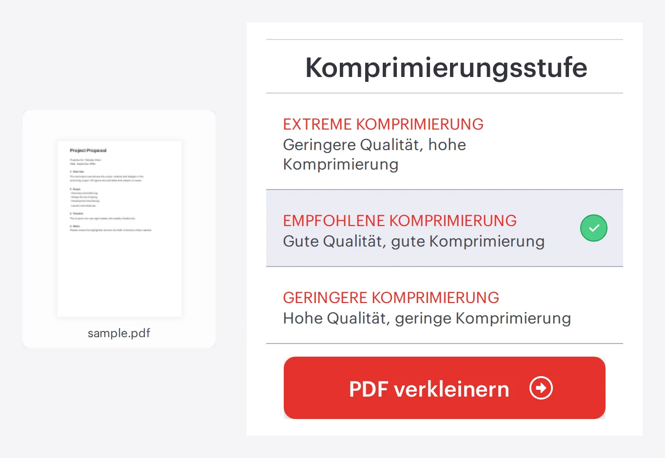 Das iLovePDF-Tool „PDF komprimieren" mit geladener PDF und Optionen zur Komprimierungsstufe, bereit zum Komprimieren