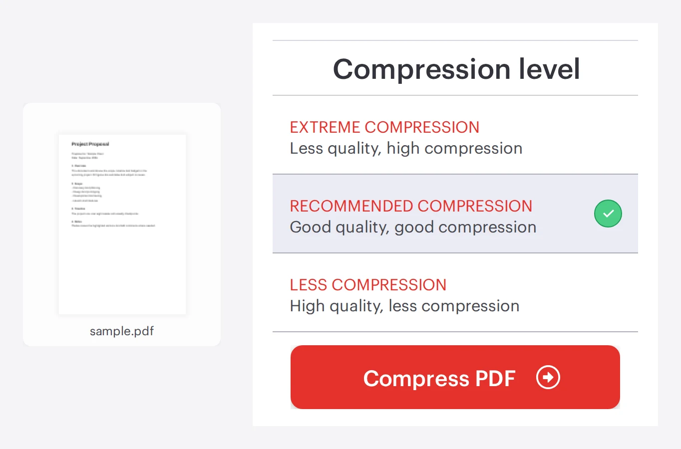 The iLovePDF Compress PDF tool with a PDF loaded and compression level options, ready to compress the file