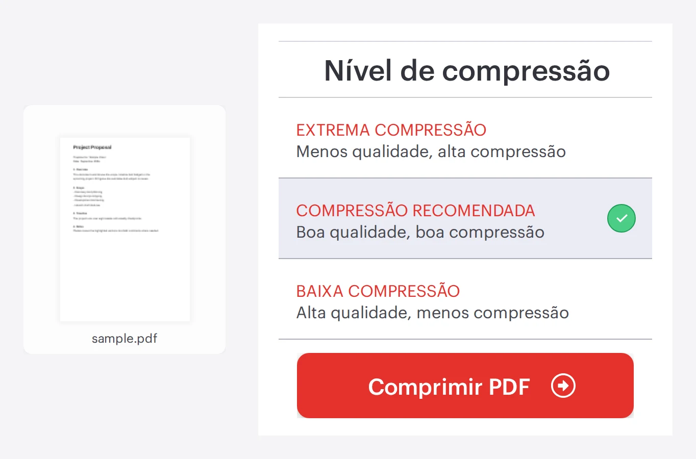 A ferramenta Comprimir PDF do iLovePDF com um PDF carregado e opções de nível de compressão, pronta para comprimir