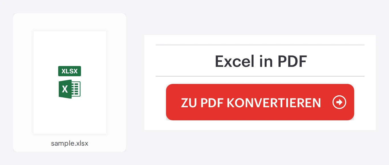 Das iLovePDF-Tool „Excel zu PDF" mit geladener Excel-Tabelle, bereit zur Umwandlung in eine PDF