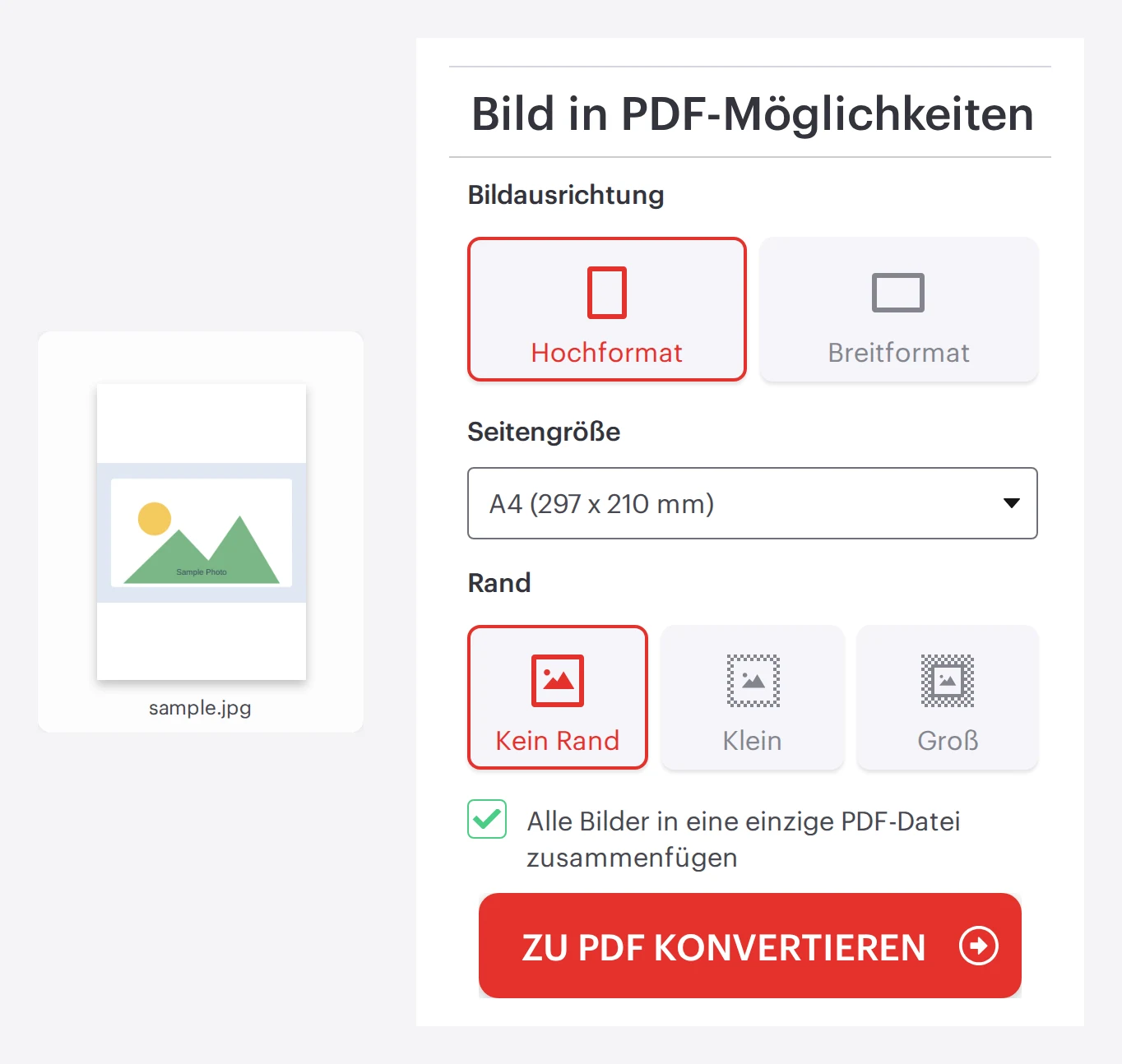Das iLovePDF-Tool „JPG zu PDF" mit geladenem Bild und Seitenlayout-Optionen, bereit zur Umwandlung in eine PDF