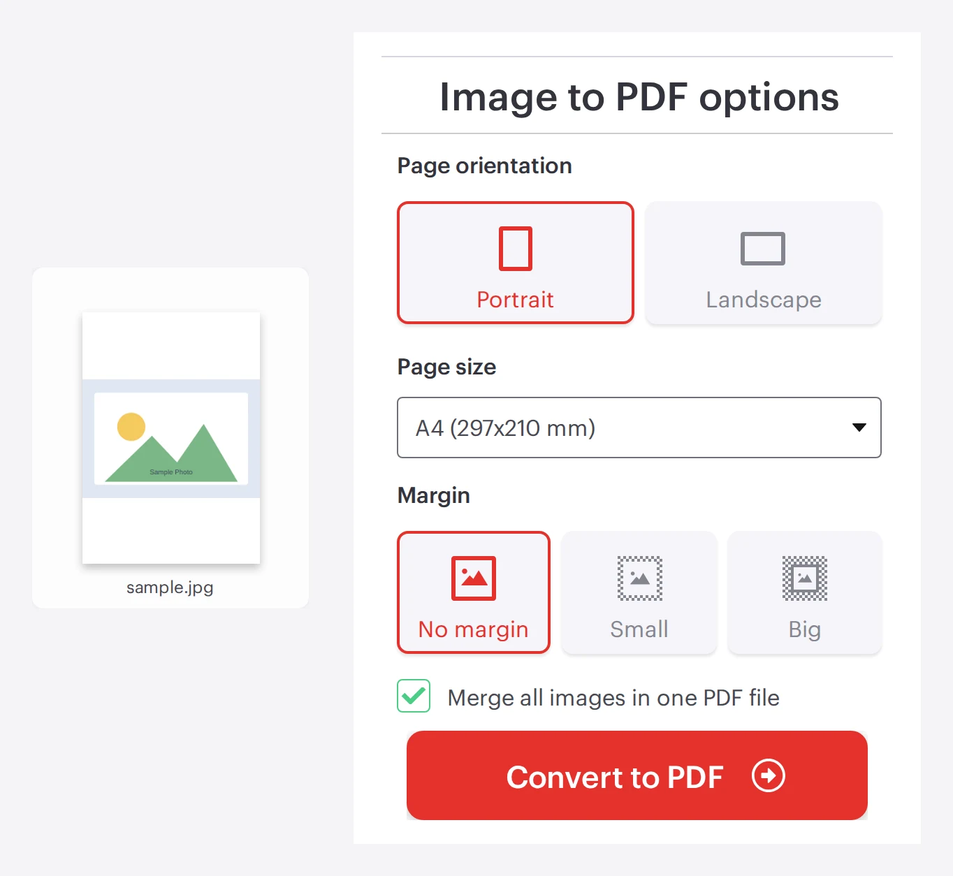 The iLovePDF JPG to PDF tool with an image loaded and page layout options, ready to convert to a PDF