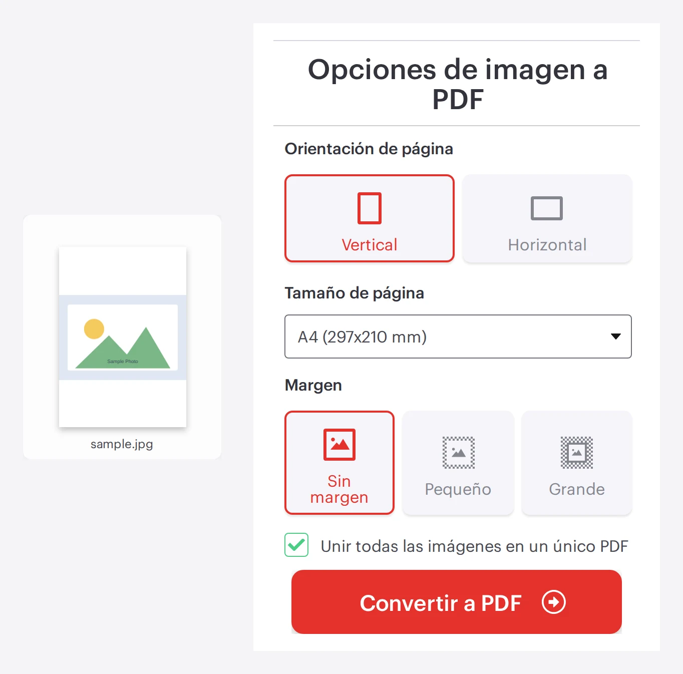La herramienta JPG a PDF de iLovePDF con una imagen cargada y opciones de diseño de página, lista para convertir a PDF