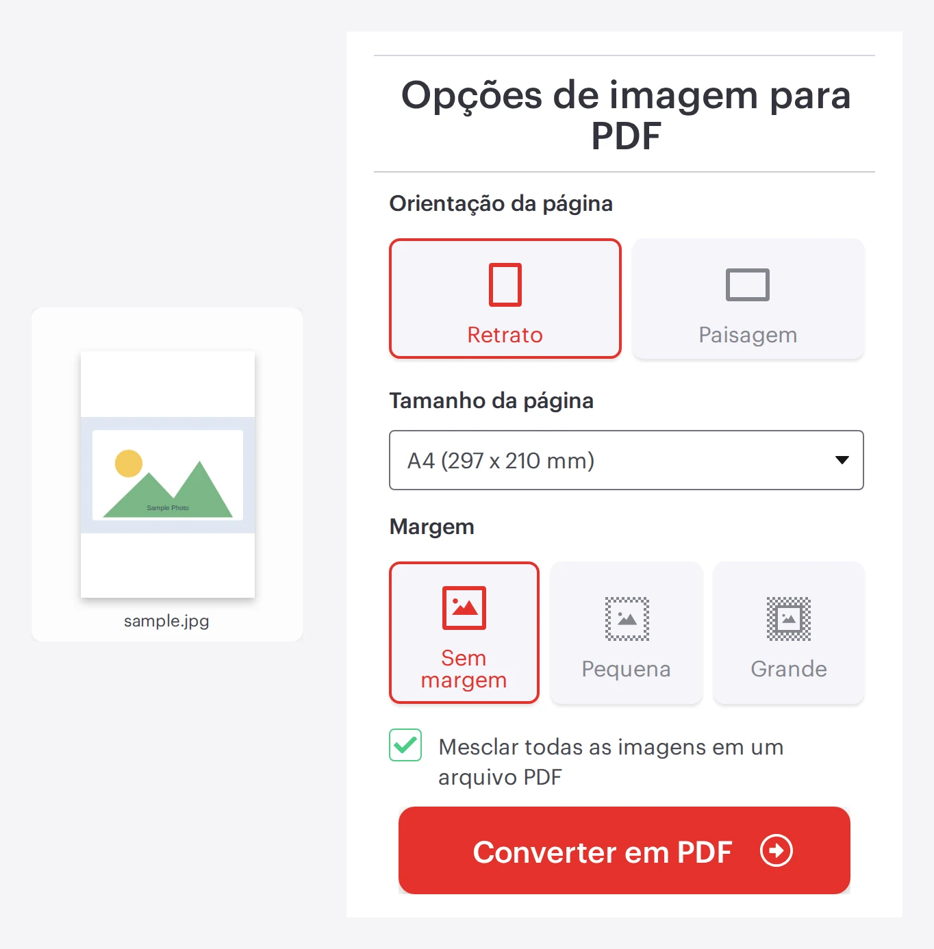 A ferramenta JPG para PDF do iLovePDF com uma imagem carregada e opções de layout de página, pronta para converter em PDF