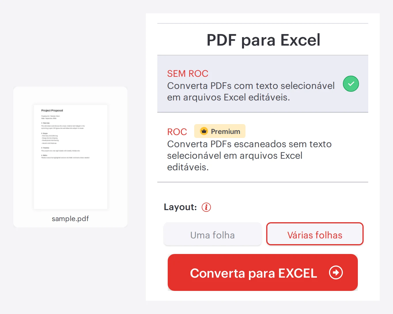 A ferramenta PDF para Excel do iLovePDF com um PDF carregado, pronta para converter em planilha Excel editável