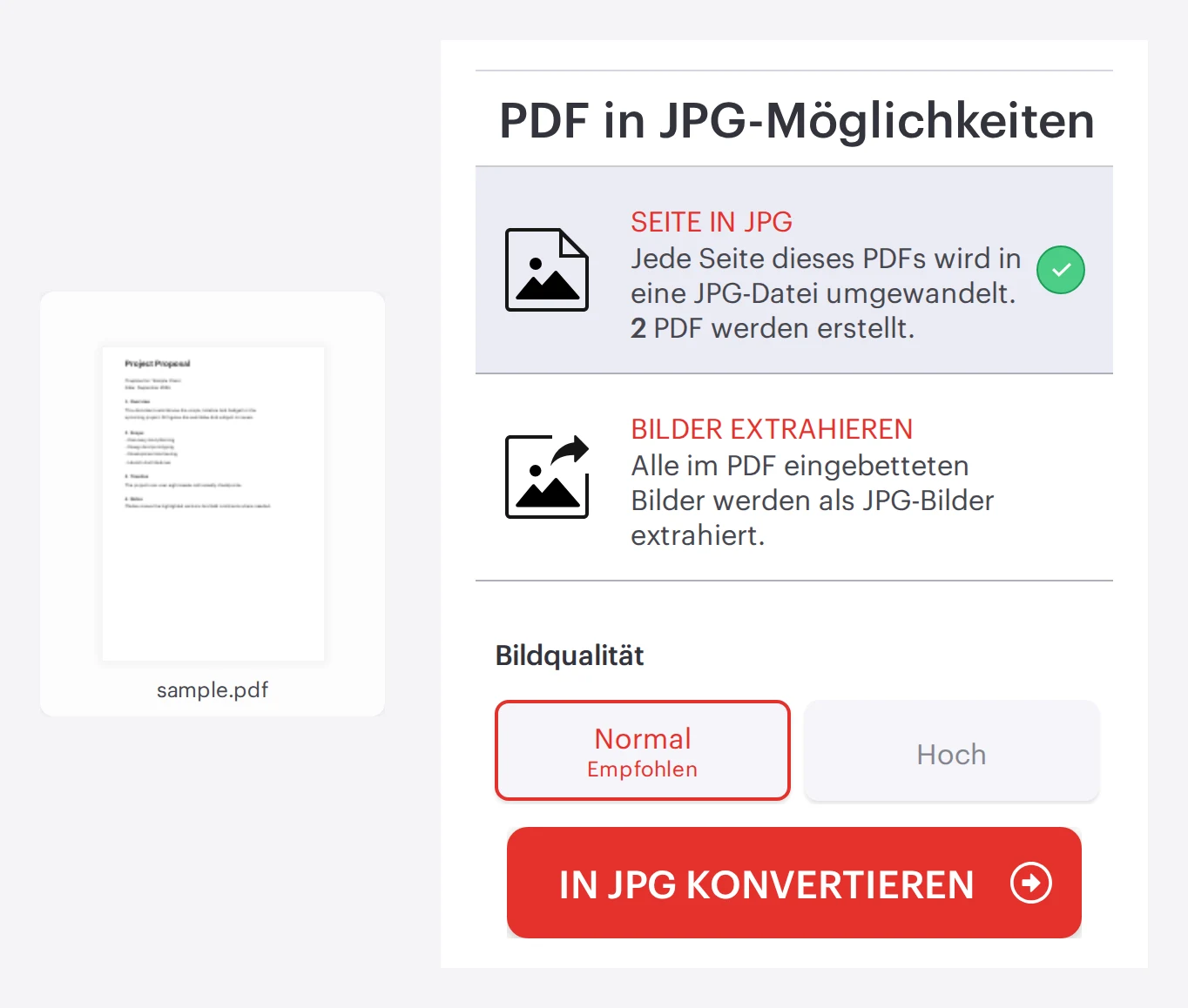 Das iLovePDF-Tool „PDF zu JPG" mit geladener PDF und Optionen, bereit die Seiten in JPG-Bilder umzuwandeln