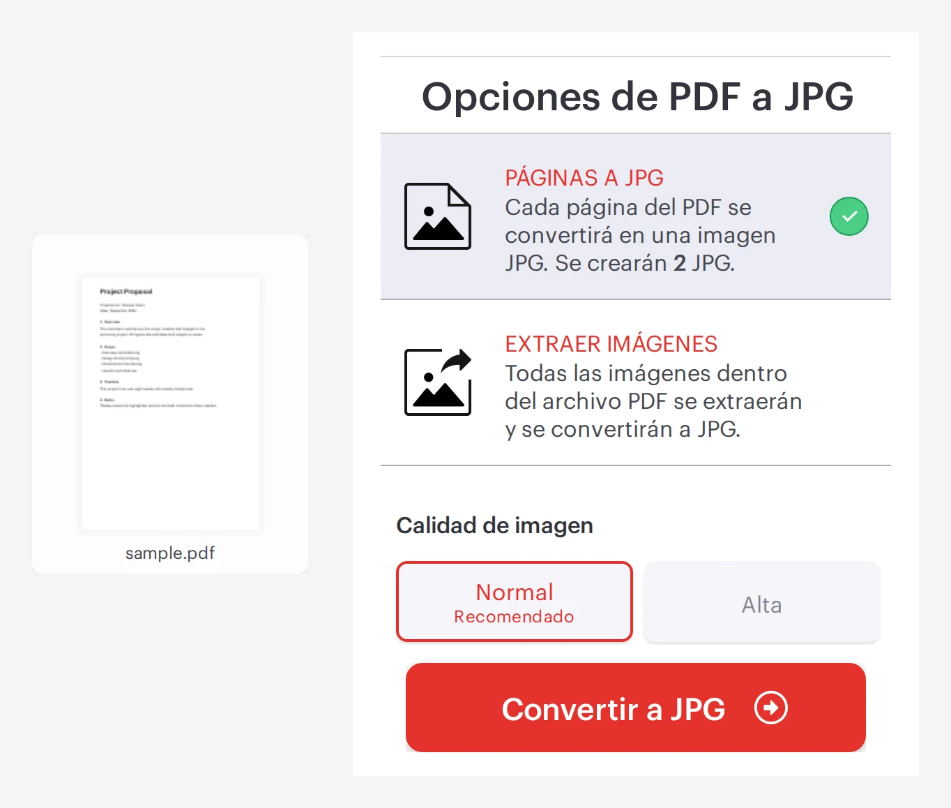La herramienta PDF a JPG de iLovePDF con un PDF cargado y opciones, lista para convertir las páginas en imágenes JPG