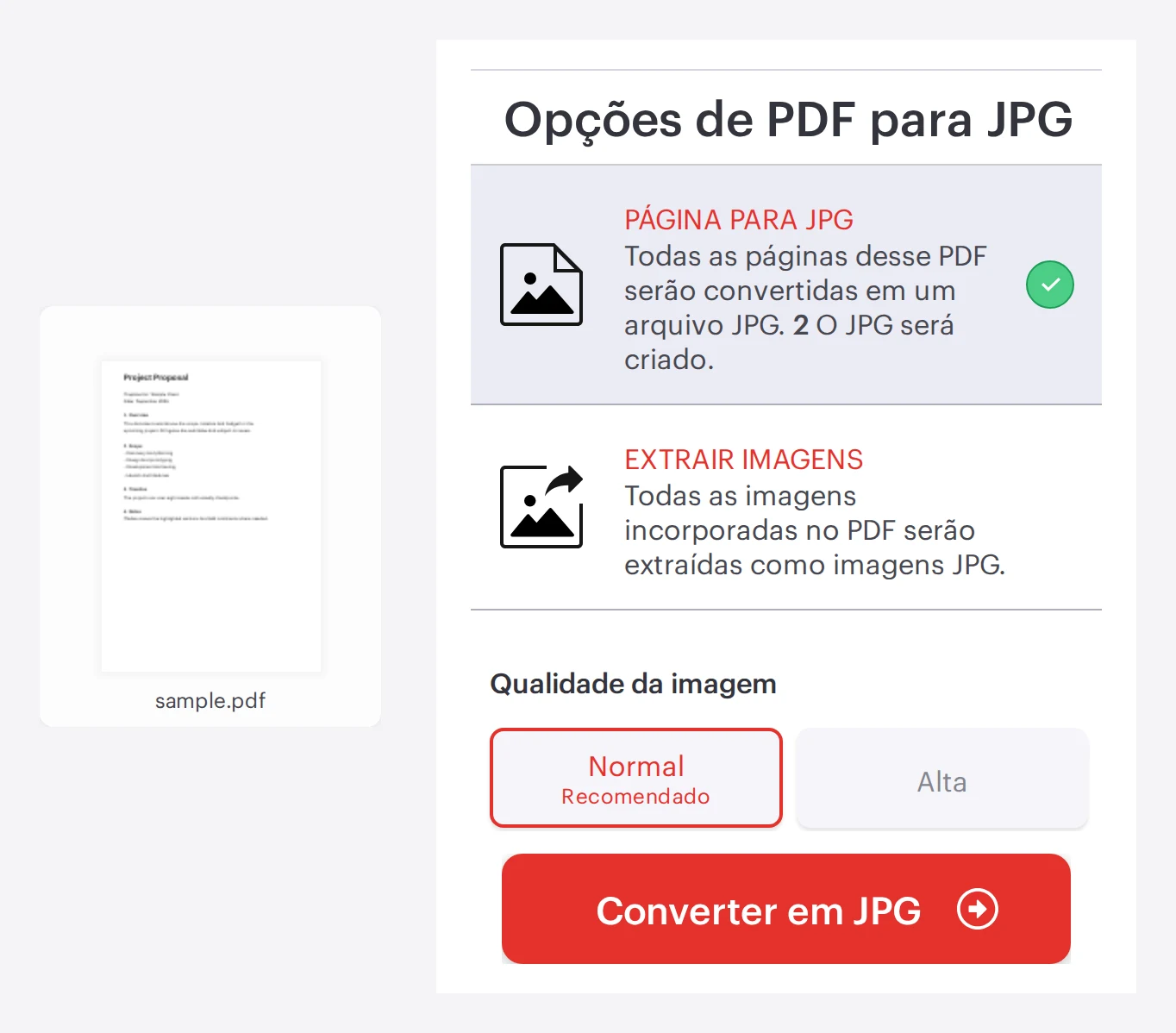 A ferramenta PDF para JPG do iLovePDF com um PDF carregado e opções, pronta para converter as páginas em imagens JPG
