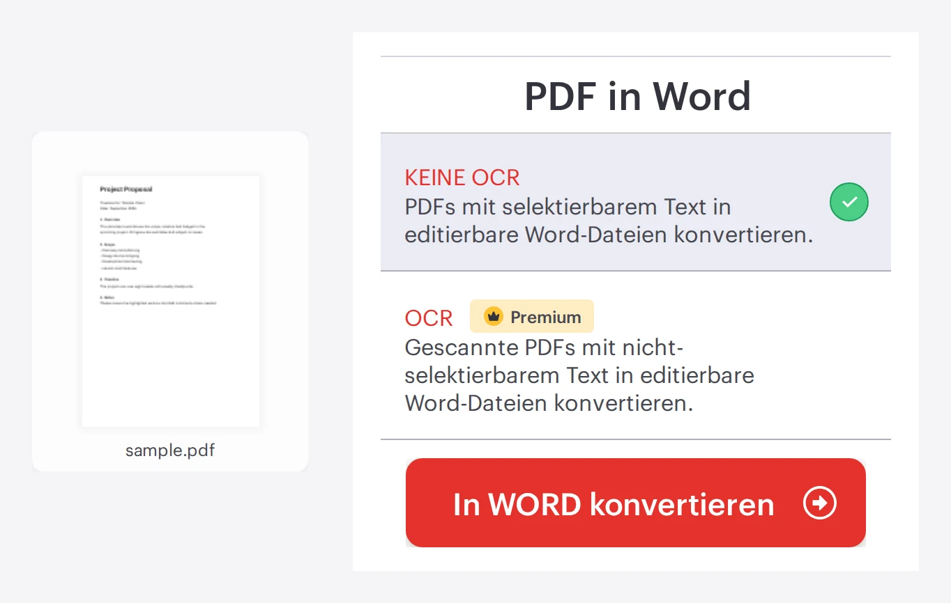Das iLovePDF-Tool „PDF zu Word" mit geladener PDF-Datei und Konvertierungsoptionen, bereit zur Umwandlung in ein bearbeitbares Word-Dokument