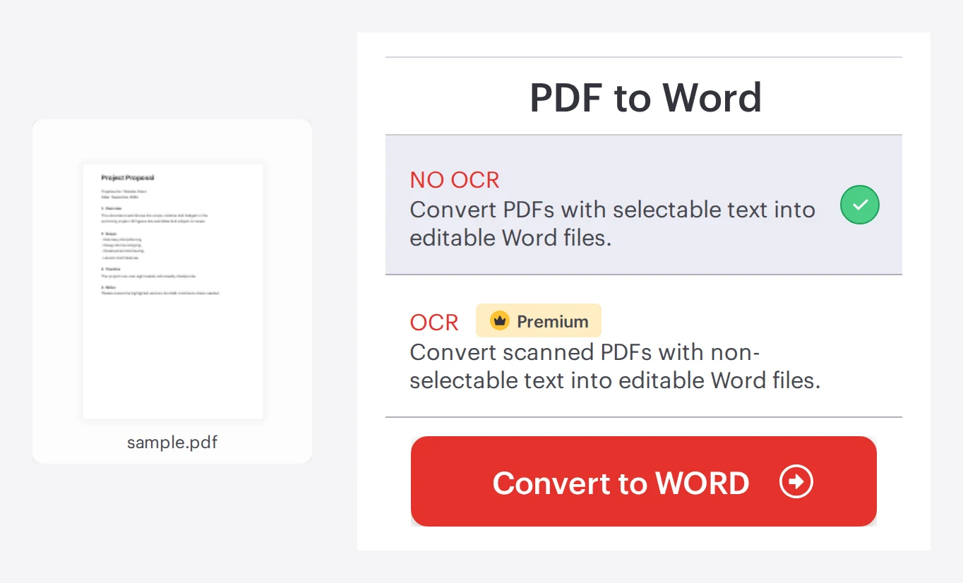 The iLovePDF PDF to Word tool with a PDF file loaded and conversion options, ready to convert to an editable Word document