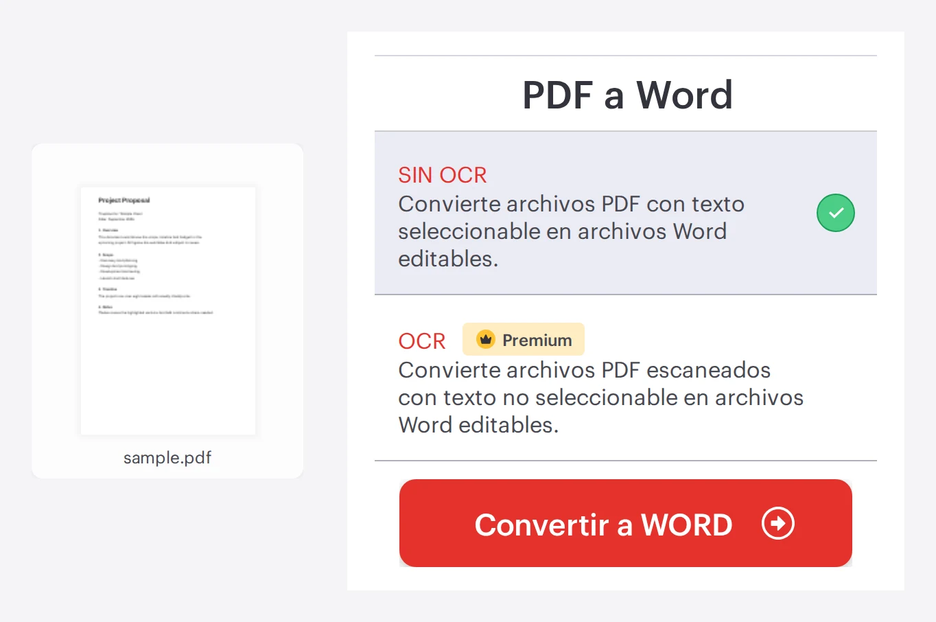La herramienta PDF a Word de iLovePDF con un archivo PDF cargado y opciones de conversión, lista para convertir a un documento Word editable