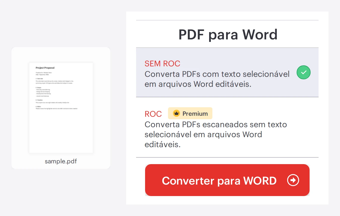 A ferramenta PDF para Word do iLovePDF com um arquivo PDF carregado e opções de conversão, pronta para converter em documento Word editável