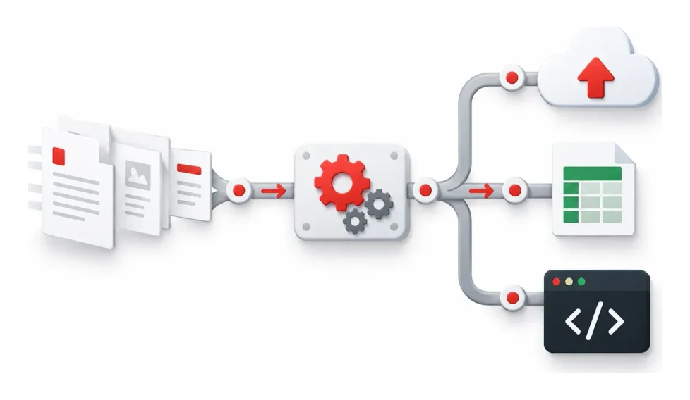 Illustration der PDF-Automatisierung: Dokumente durchlaufen einen automatisierten Workflow ohne manuelle Klicks