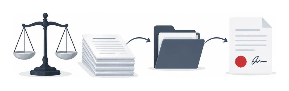 Ilustração de um fluxo de documentos jurídicos com balança, contratos, uma pasta e um PDF assinado