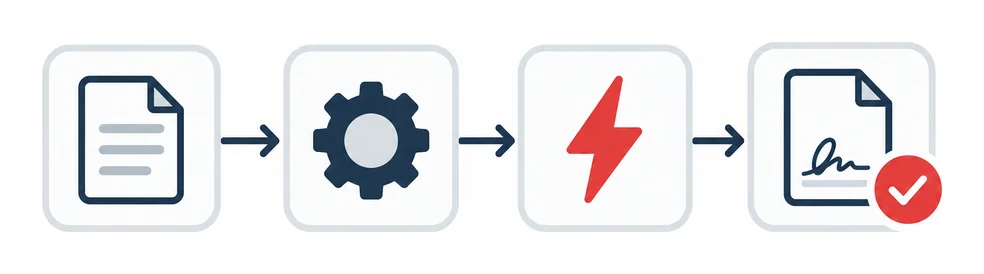 Ilustração de um fluxo automatizado que transforma um documento em um PDF assinado