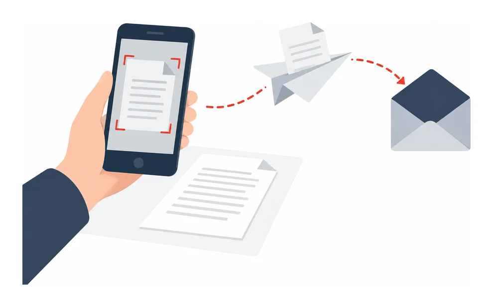 Ilustração de um celular digitalizando um documento em papel e enviando o PDF por e-mail