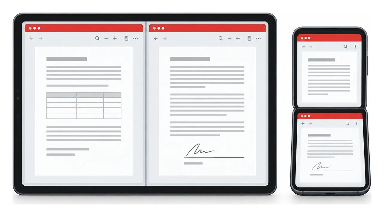 Illustration of a tablet with two PDF windows side by side and a foldable phone with two half-screen documents