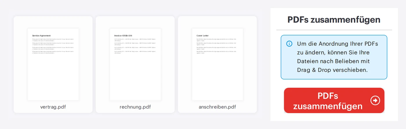 Das iLovePDF-Tool „PDF zusammenfügen“ mit drei geladenen PDF-Dateien nebeneinander und dem Button zum Zusammenfügen