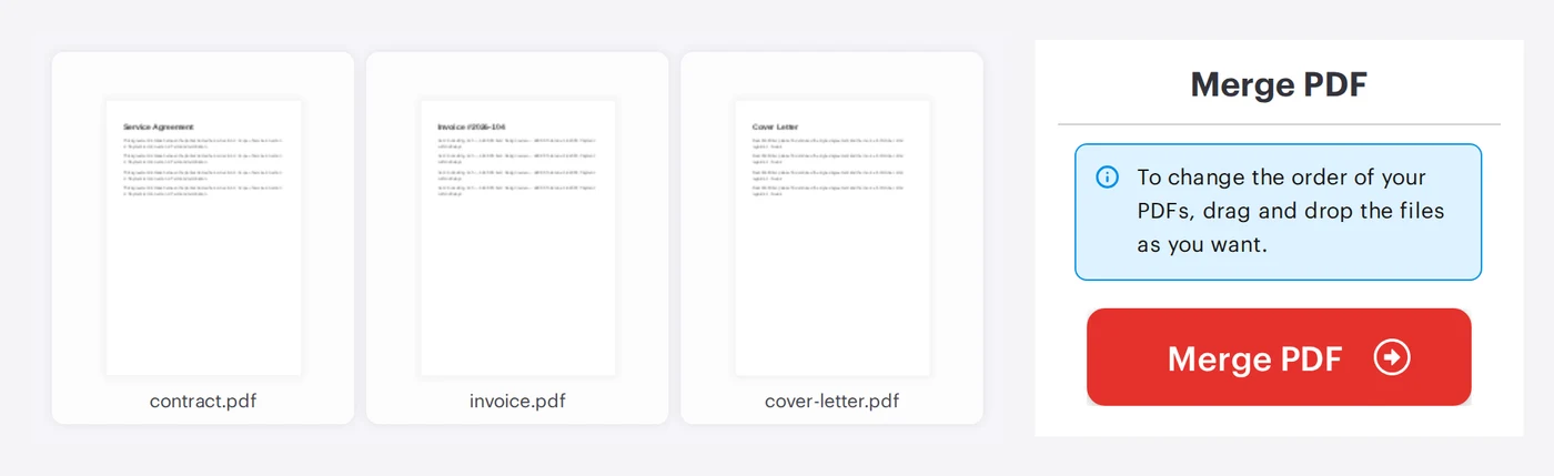 iLovePDF Merge PDF tool with three PDF files loaded side by side and the Merge PDF button