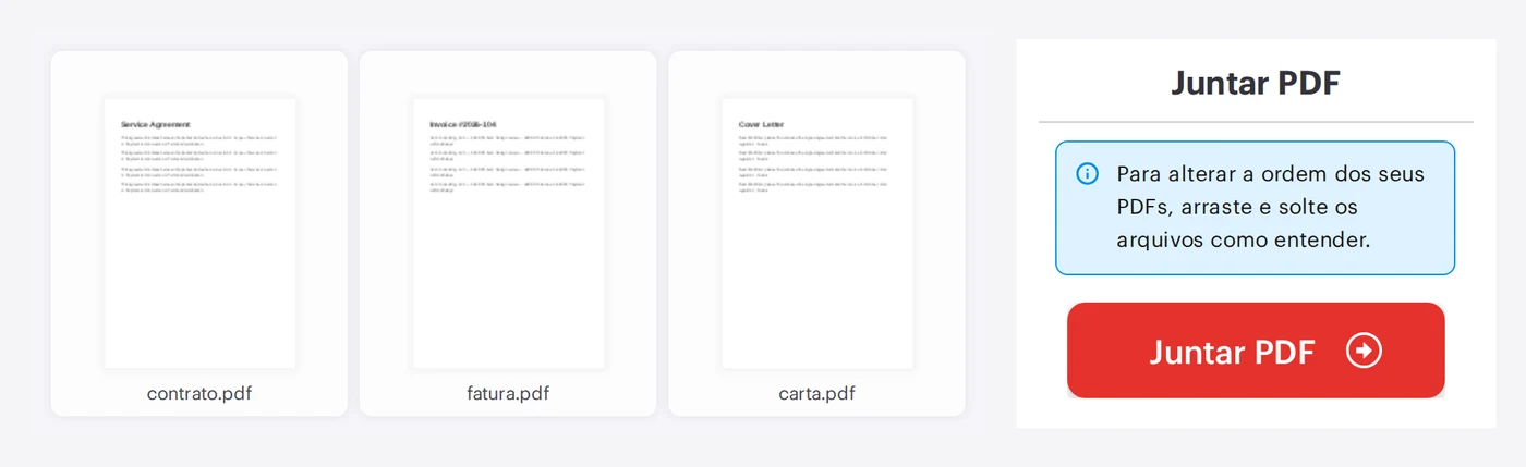 A ferramenta Juntar PDF do iLovePDF com três arquivos PDF carregados lado a lado e o botão Juntar PDF